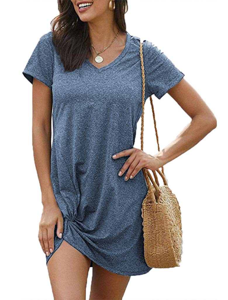 Locryz Short Sleeve Dress Casual Side Knot Tunic Dress for Women Knee Length M Dusty Blue - Image 4